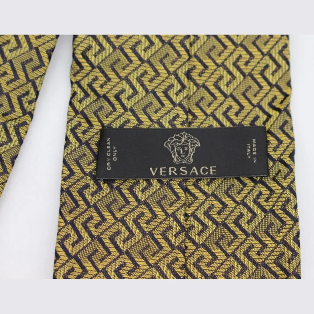 $250 Versace Medusa 100% Silk Tie - Gold/Black Greek Key Pattern - NWOT